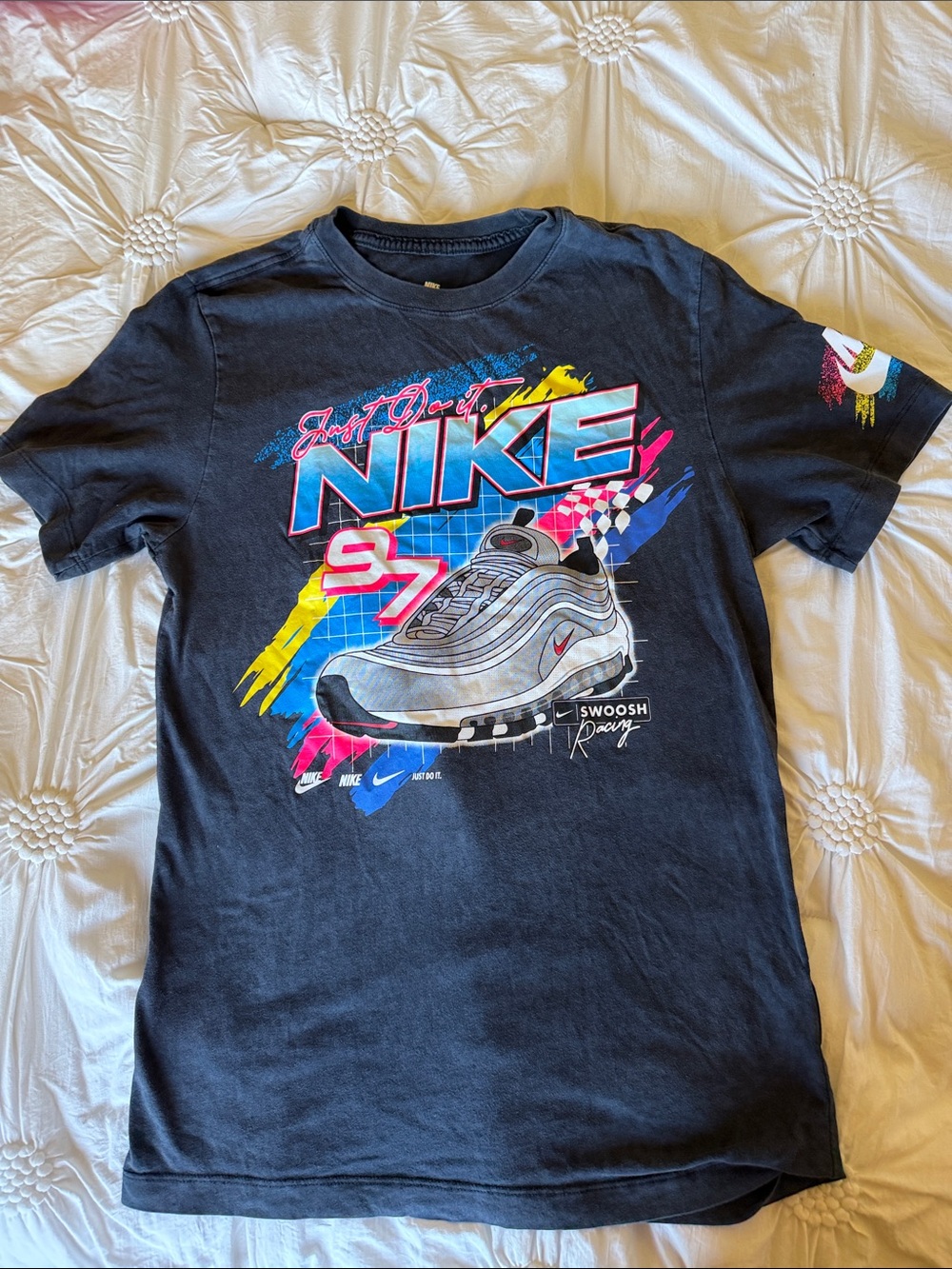 ✅Nike adult Small Black Tee with Neon Graphic Sneaker/Racing style Print